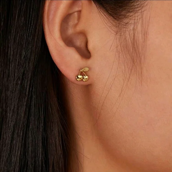 Gold Cherry Stud Earrings - Picture 2 of 3